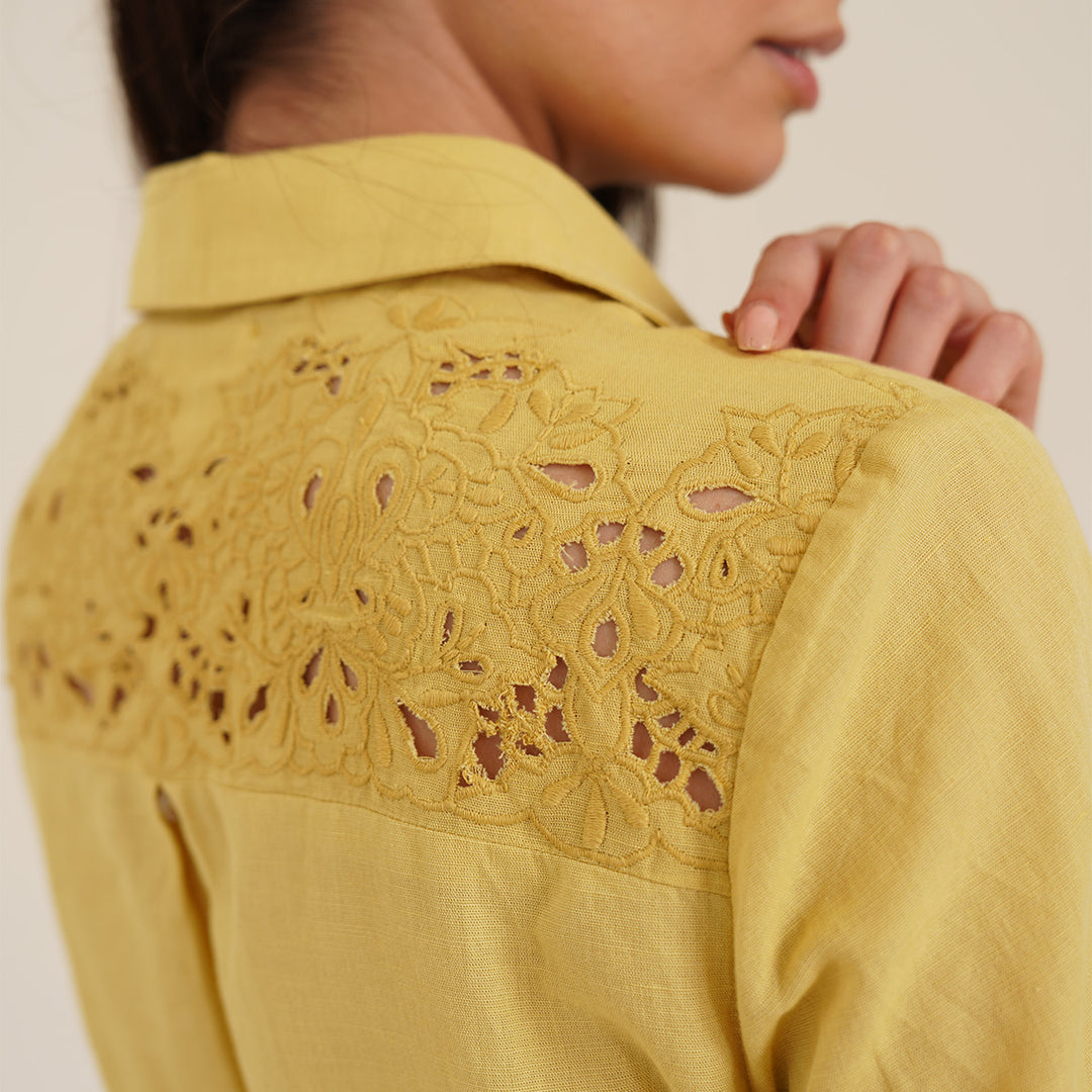 B77 BONA Haldi Yellow Embroidered Linen Women&