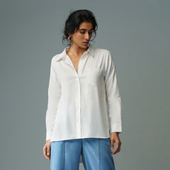 B77 Women's Relaxed Button Down Hi Low Shirt In Organic Cotton Satin