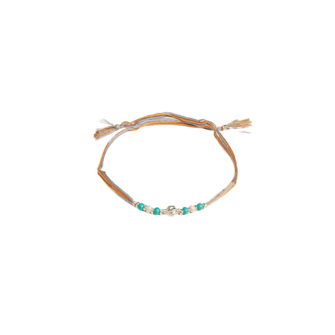 Diamond By Tilesh 925 Silver Pearl Beaded Rakhi on Sand Beige Thread