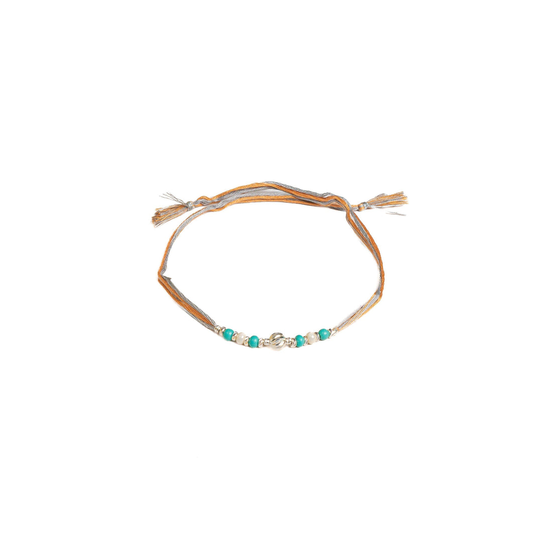 Diamond By Tilesh 925 Silver Pearl Beaded Rakhi on Sand Beige Thread