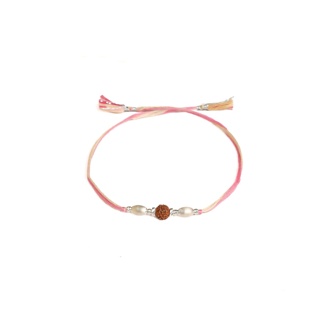 Diamond By Tilesh 925 Silver Rudraksha & Pearl Rakhi on Blush Pink Thread