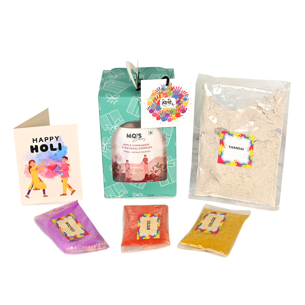 Mo's Bakery Holi Green Gift Box with Apple Cinnamon & Oatmeal Cookies,Thandai Mix & Holi Colours | Cookies Gift Box for Holi |  Herbal Gulal 15g x 3 colours | Skin Friendly Holi colour | Holi Gift Box