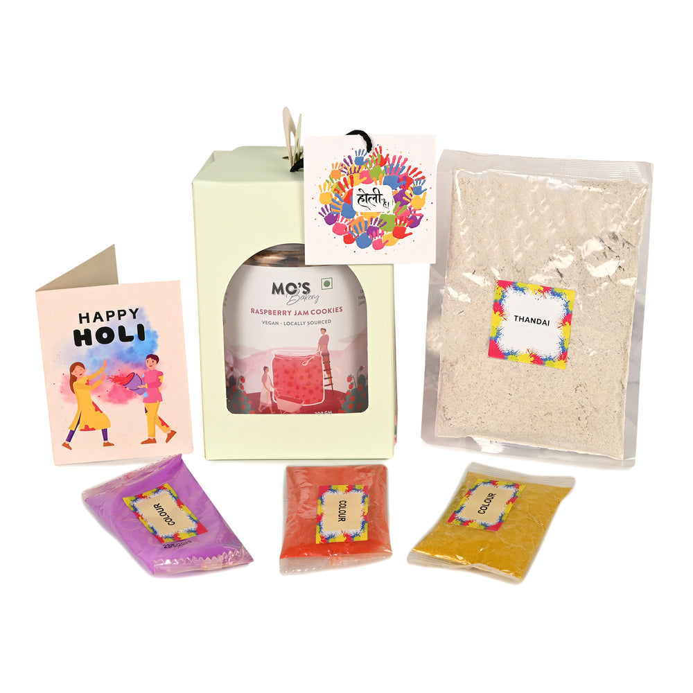 Mo's Bakery Holi Blue Gift Box with Raspberry Cookies, Holi Colours and Thandai Mix | Cookies Gift Box for Holi |  Herbal Gulal 15g x 3 colours | Skin Friendly Holi colour | Holi Cookies Gift Box