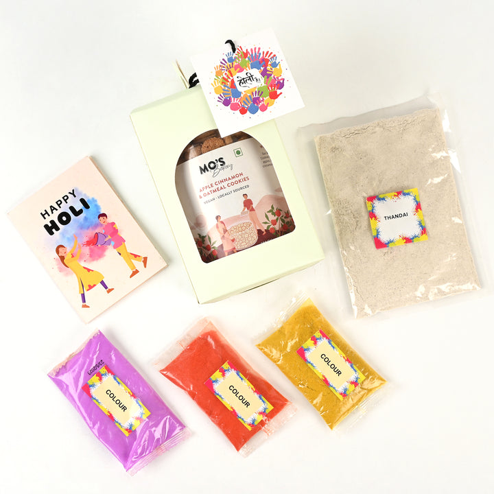 Mo's Bakery Holi Blue Gift Box with Apple Cinnamon & Oatmeal Cookies, Holi Colours and Thandai Mix | Cookies Gift Box for Holi |  Herbal Gulal 15g x 3 colours | Gift For Holi Festival | Herbal and Natural Colors