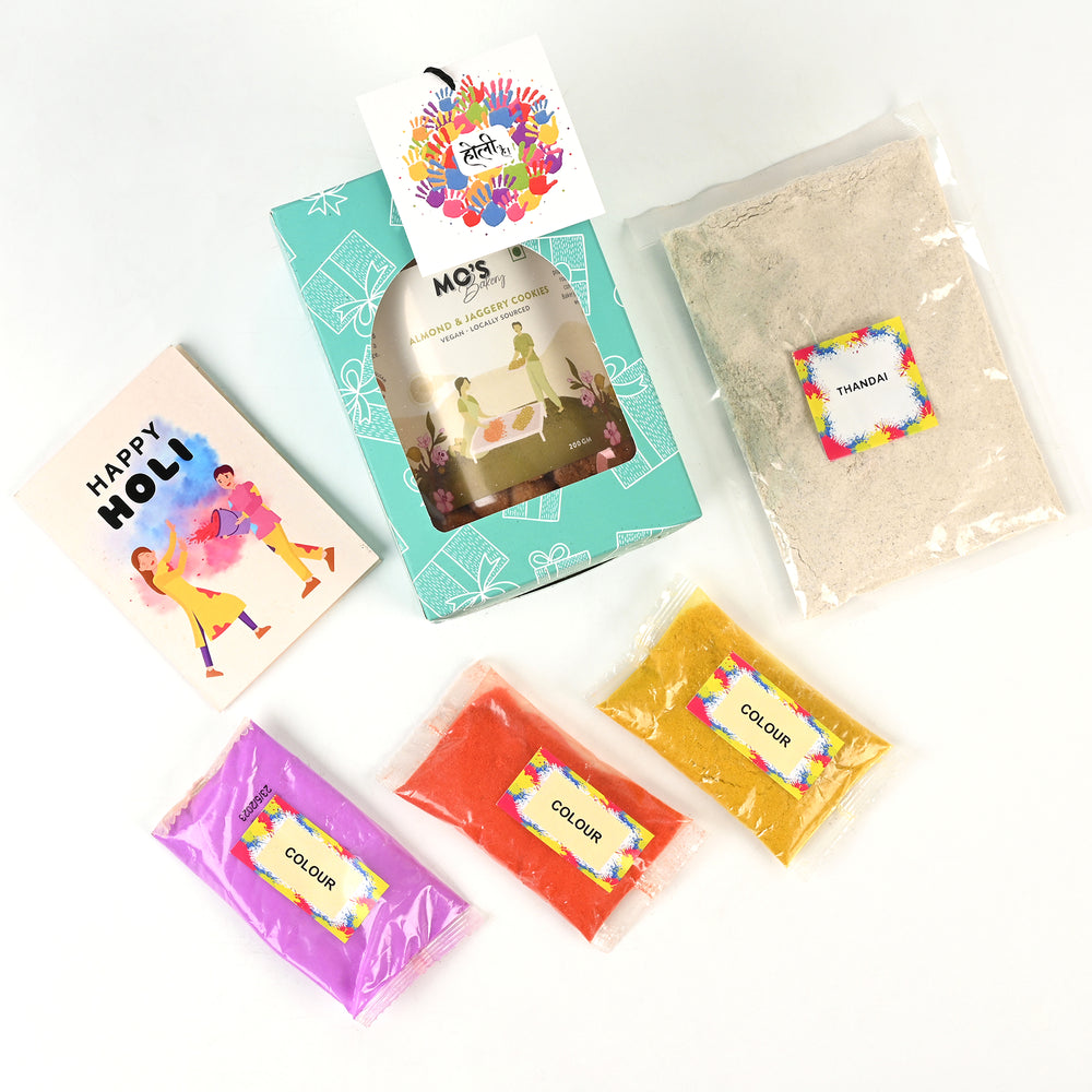 Mo's Bakery Holi Green Gift Box with Almond & Jaggery Cookies, Holi Colours and Thandai Mix | Holi Gift Box with Thandai |  Herbal Gulal 15g x 3 colours | Skin Friendly Holi colour
