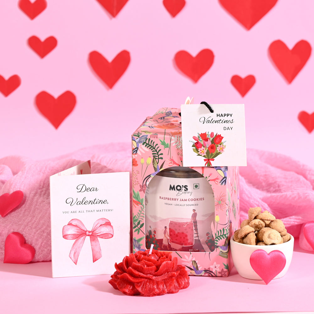 Mo's Bakery Valentines Day Pink Gift Box with Raspberry Cookies, Rose Flower Candle & Customisable Card  | Healthy Valentines Day Gift