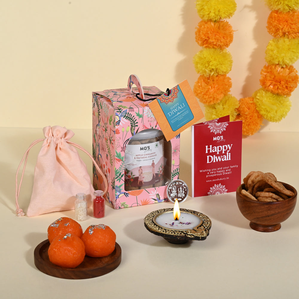 Mo's Bakery Premium Diwali Apple Cinnamon Cookies Pink Gift Box with Diya, Pooja Coin and Roli