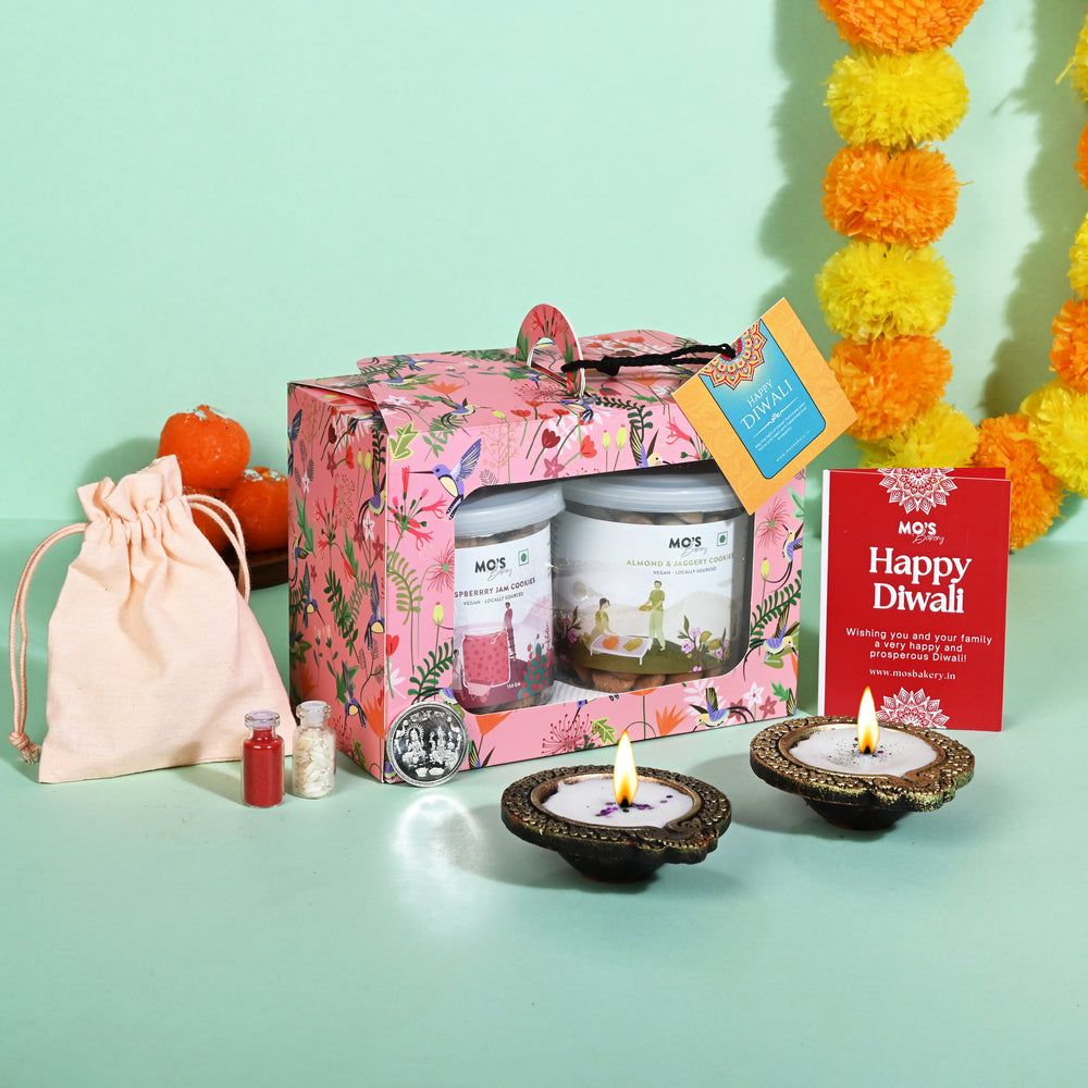 Mo's Bakery Raspberry & Almond Cookies Gift Box – Pink Diwali Hamper with 2 Gourmet Cookies, 2 Diyas, Roli Tikka Pouch & Greeting Card
