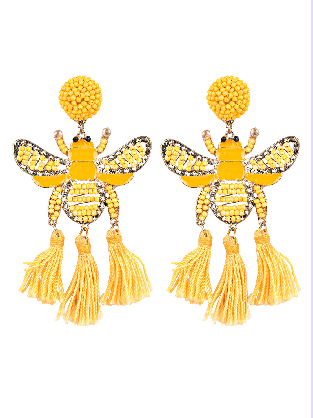 Bamboology Trends Yellow Beaded Bee Earrings with Tassel Accents – Statement Jewelry for a Bold Look