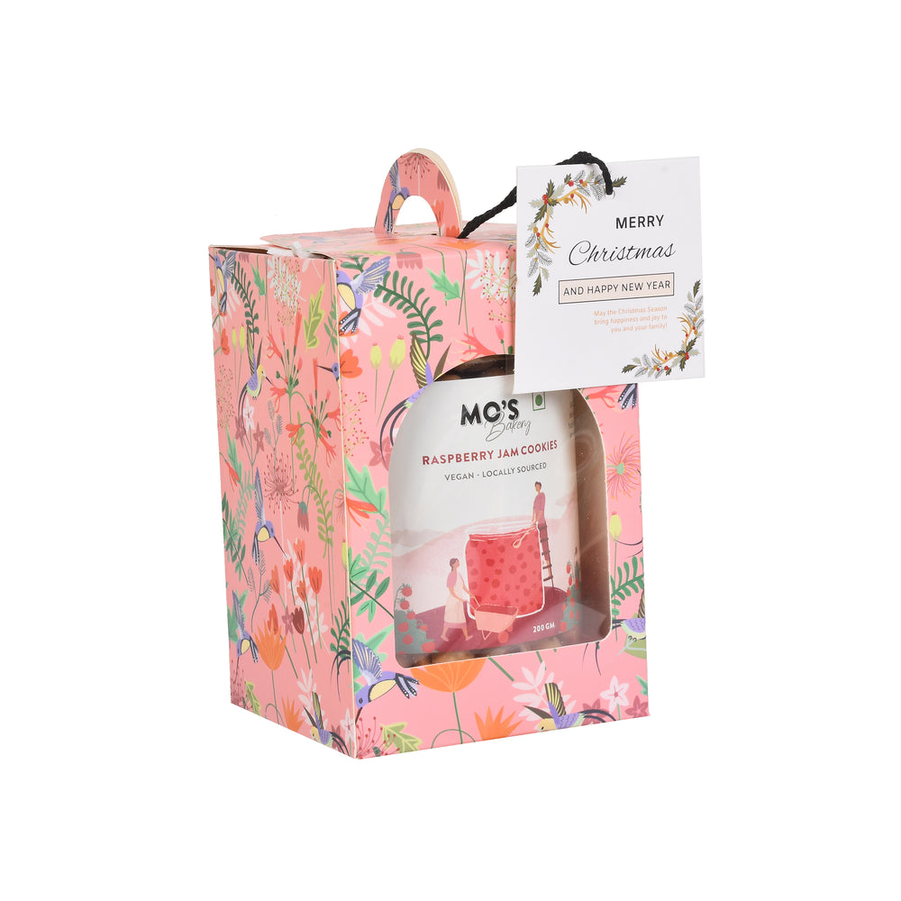 Mo's Bakery Premium Christmas & New Year Pink Gift Box with Raspberry Cookies,New Year Goals Diary & Xmas Greeting Card | Healthy Christmas Gift | Healthy Snacks Gift Box | Cookies Gift Box