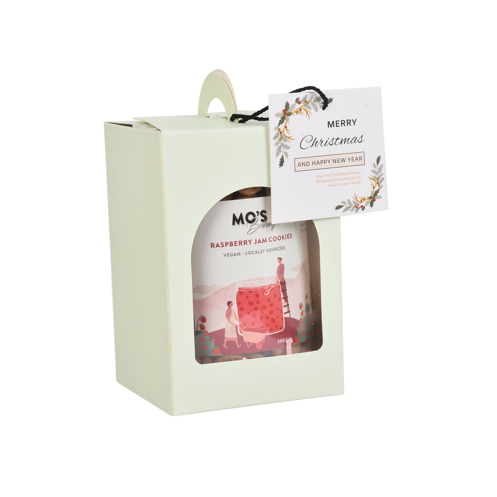 Mo's Bakery Premium Christmas & New Year Blue Gift Box with Raspberry Cookies, New Year Goals Diary & Xmas Greeting Card | Healthy Christmas Gift | Healthy Snacks Gift Box | Cookies Gift Box