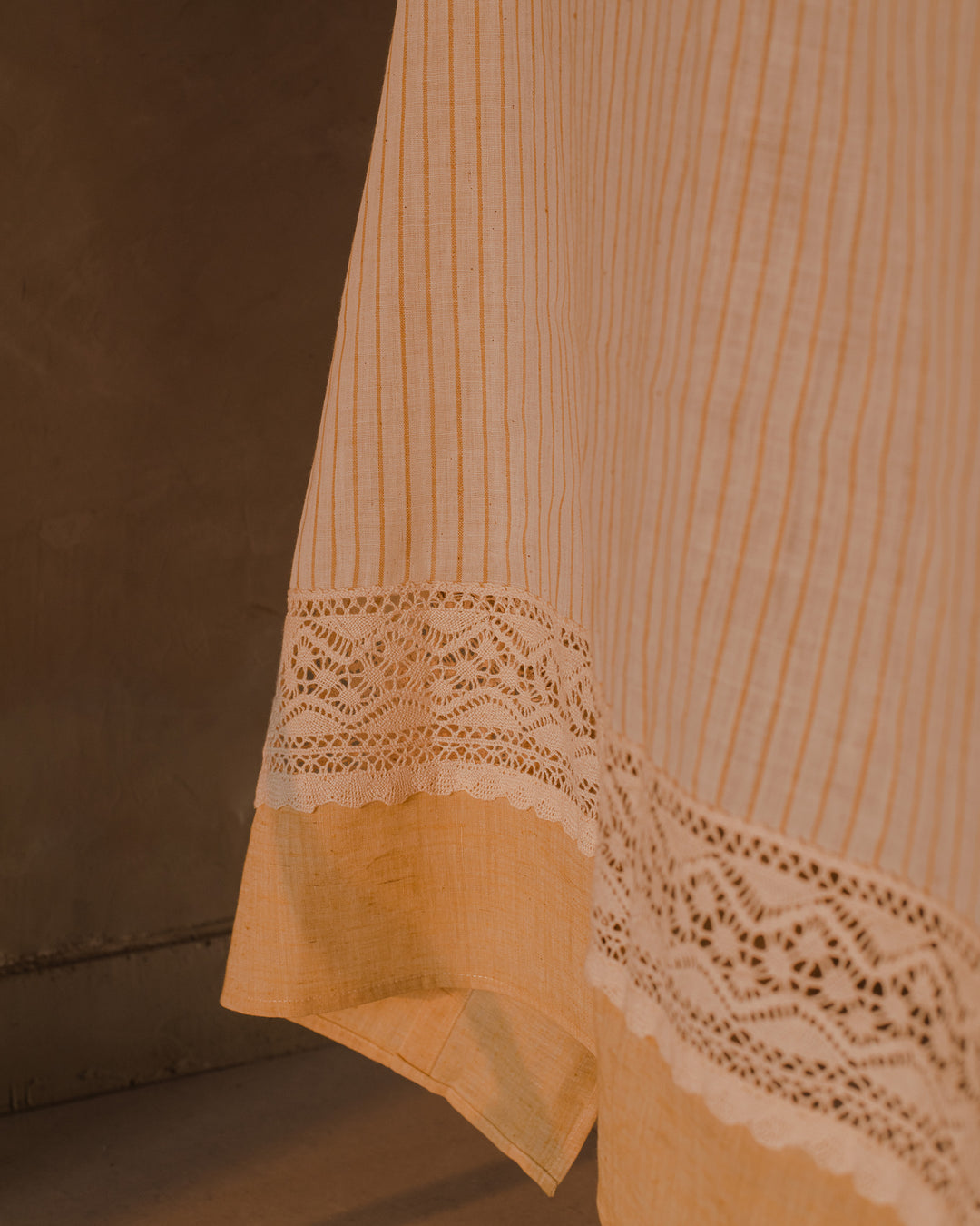 Little Bit  Of heaven Yellow stripes khadi cotton and lace table cloth