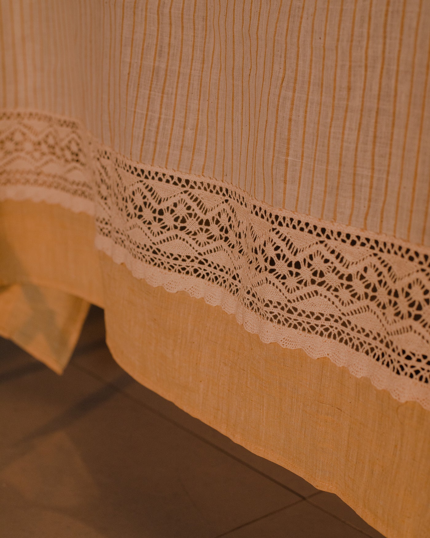 Yellow stripes khadi cotton and lace table cloth