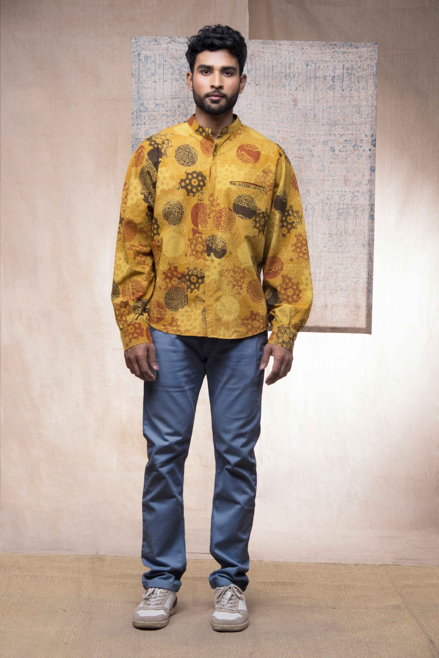 Hand block printed Ajrakh sunshine kimono shirt for men