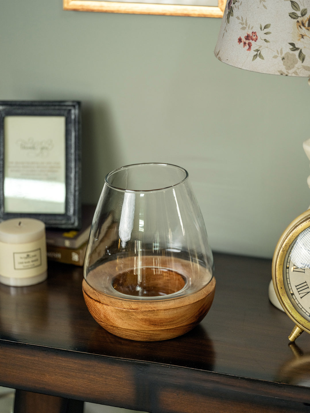 Araana Home Shamiyana Glass Dome Candle Holder | Mango Wood Base