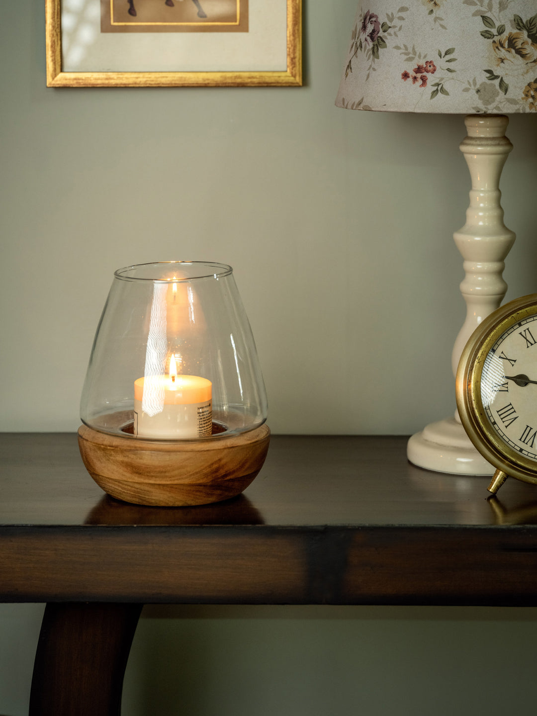 Araana Home Shamiyana Glass Dome Candle Holder | Mango Wood Base