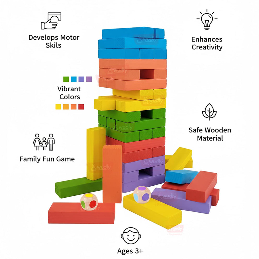 Wudly Toys Wooden Colour Stacking Tower | Colour Blocks with 2 Dice