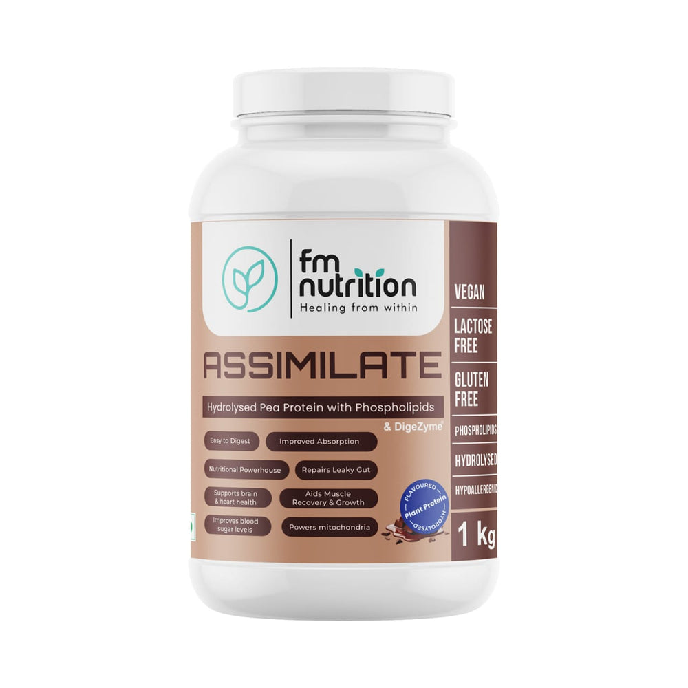 FM Nutrition Assimilate Protein I Hydrolysed Plant protein I Pea Protein with Phospholipids I Leaky gut repair I Suitable for Sensitive stomach I Choloate flavour I Sweetened with Stevia