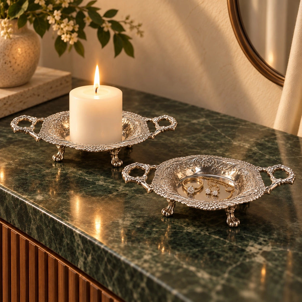 Alankaar Brass Trinket Tray | Flourish Multi-Use Tray Limited Edition | Silver Finish