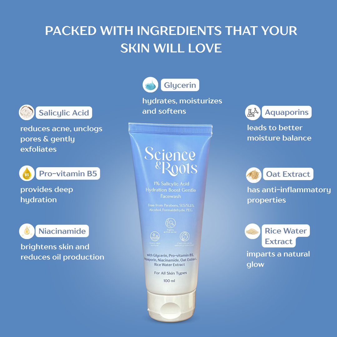 Science & Roots 1% Salicylic Acid Hydration Boost Gentle Facewash | Fights acne and reduces acne marks | Controls Oil | Suitable for sensitive skin | All skin types