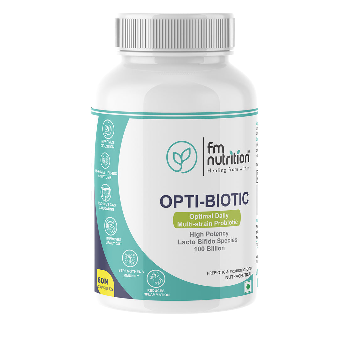 FM Nutrition Opti-Biotic I Multi-Strain Daily Probiotic I  100 Billion CFU of  Multi-Strains I Probiotic-Prebiotic-Postbiotic I  Gluten-free I Vegan I Stomach acid resistant I 60 Delayed-Release Caps