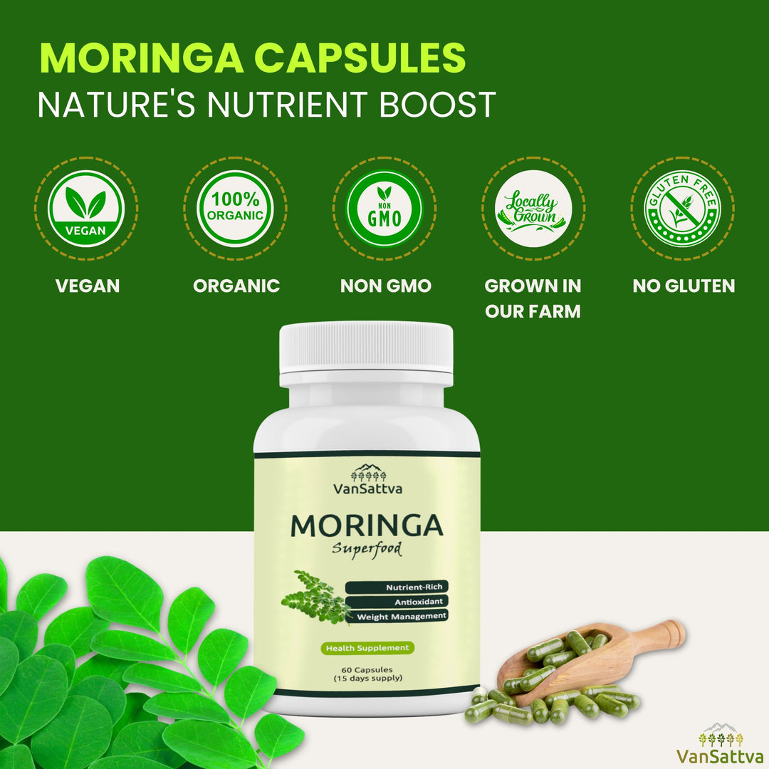Vansattva Moringa Capsules 650mg – 100% Natural Immunity & Energy Support – Veg Capsules – 60 Count – Made in India