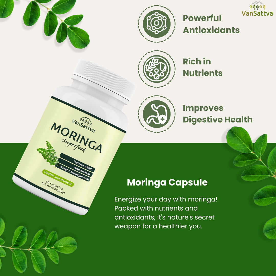 Vansattva Moringa Capsules 650mg – 100% Natural Immunity & Energy Support – Veg Capsules – 60 Count – Made in India