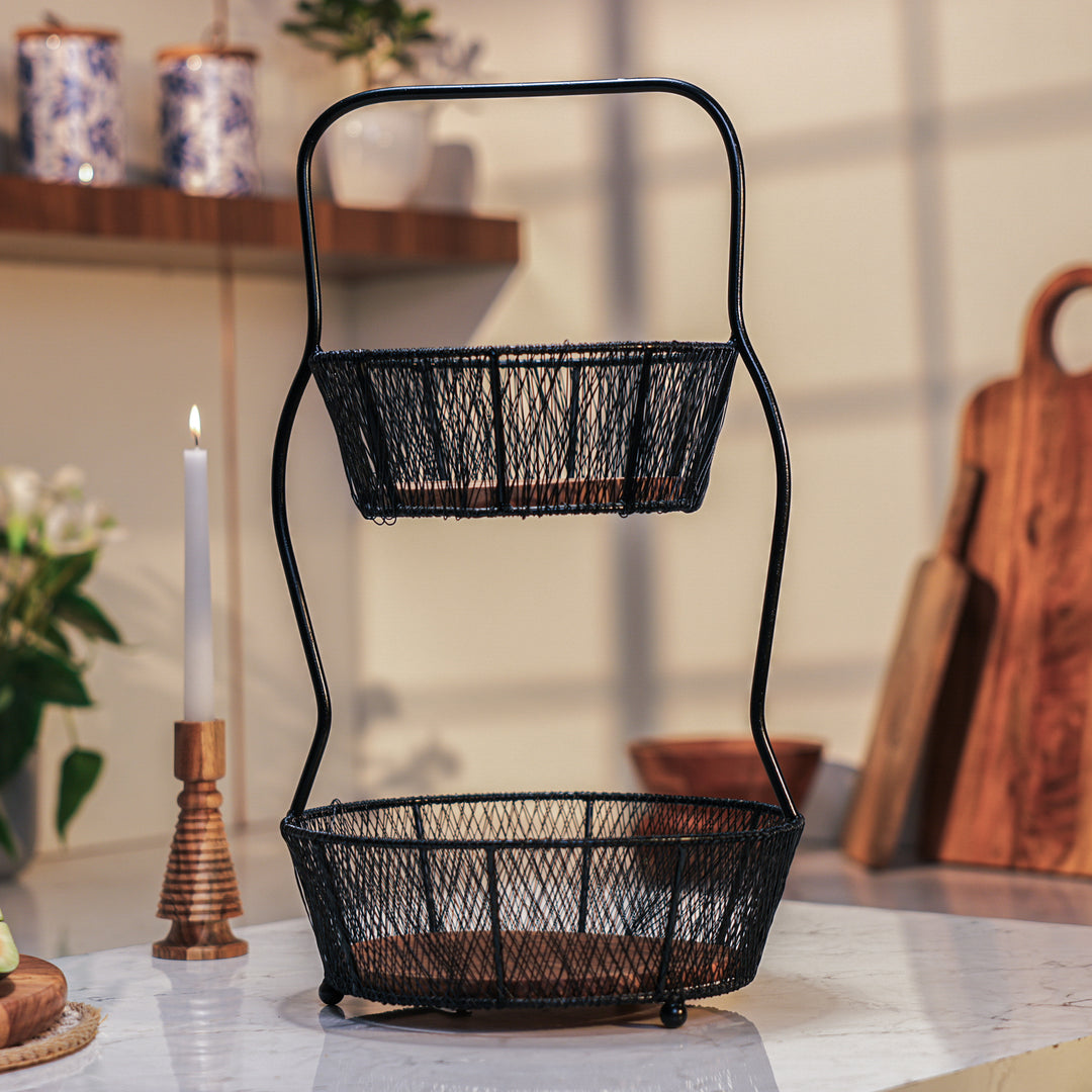 Ireka Homes Nest Basket – Handcrafted Acacia Wood & Metal Storage Basket – Sturdy 2-Tier Organizer for Fruits, Vegetables & Kitchen Essentials