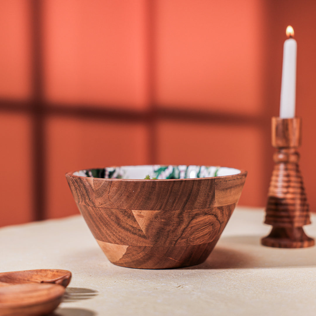 Ireka Homes Handcrafted Evergreen Serving Bowls - Multipurpose Acacia Wood Bowls With Enamel - Durable Bowls for Serving Food, Snacks, and Desserts (8 inches)