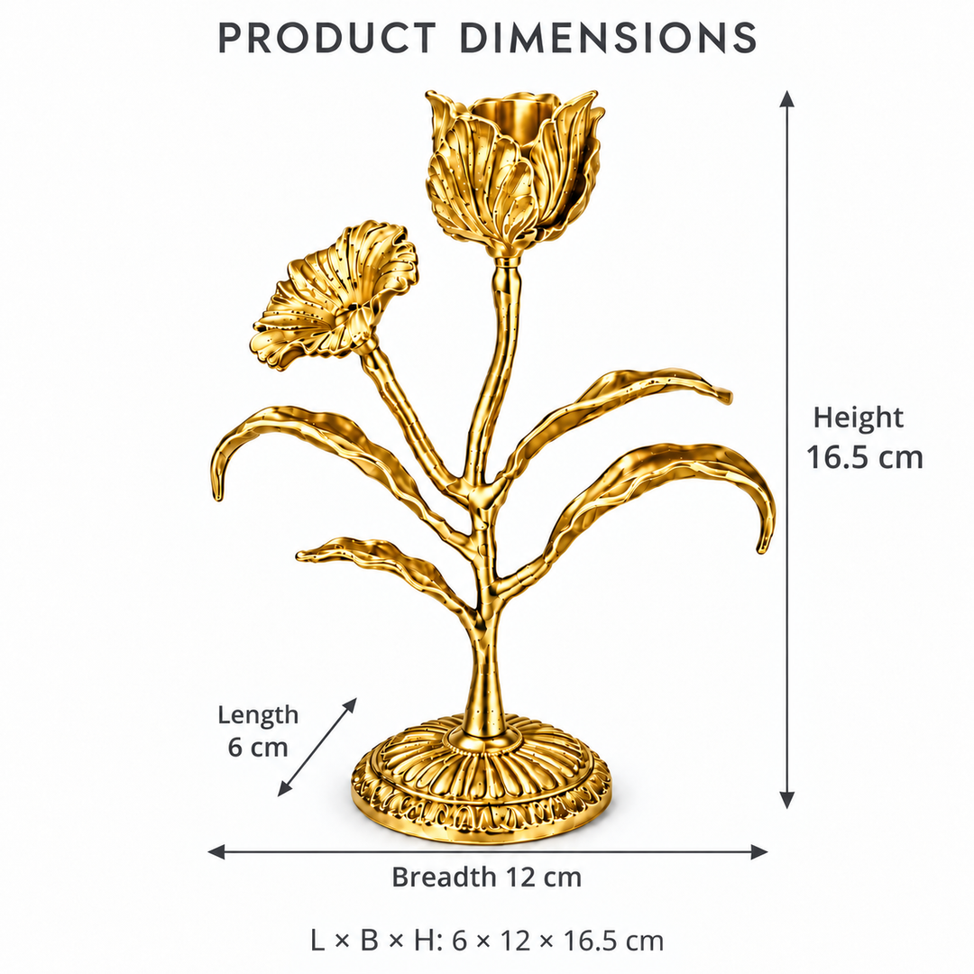Malar Candle Stand | Blooming Tulip Brass Taper Candle Holder | Gold Brass Finish | Pravaah 