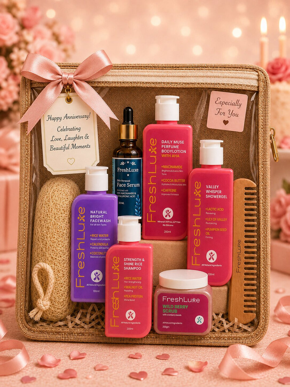 FreshLuxe Anniversary & Wedding Gift Hamper for Women - Gift for Wife | Box, Basket & Anniversary Hamper for Her | Skin Care & Self Care Kit - 6-Piece Set