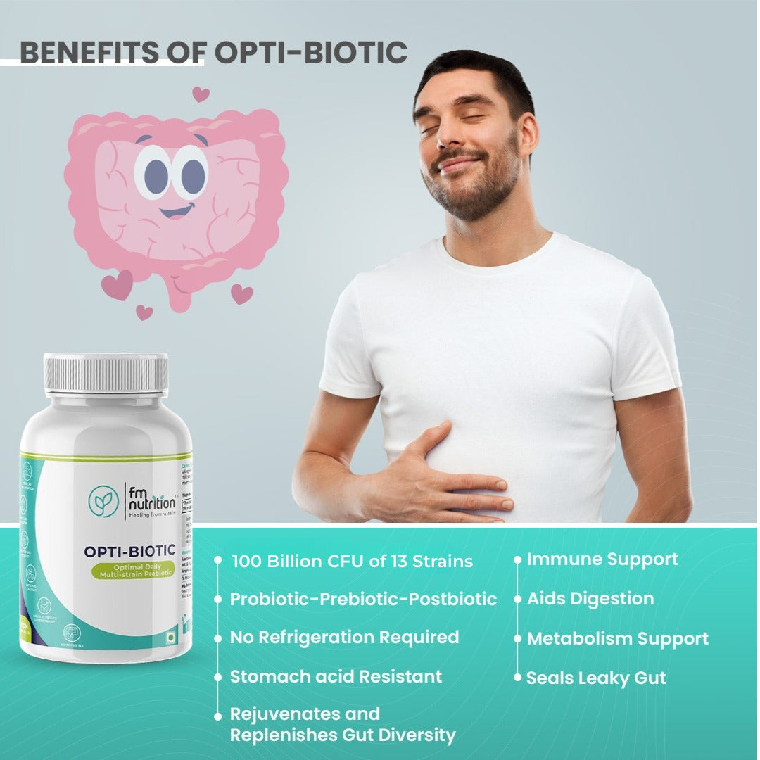 FM Nutrition Opti-Biotic I Multi-Strain Daily Probiotic I  100 Billion CFU of  Multi-Strains I Probiotic-Prebiotic-Postbiotic I  Gluten-free I Vegan I Stomach acid resistant I 60 Delayed-Release Caps