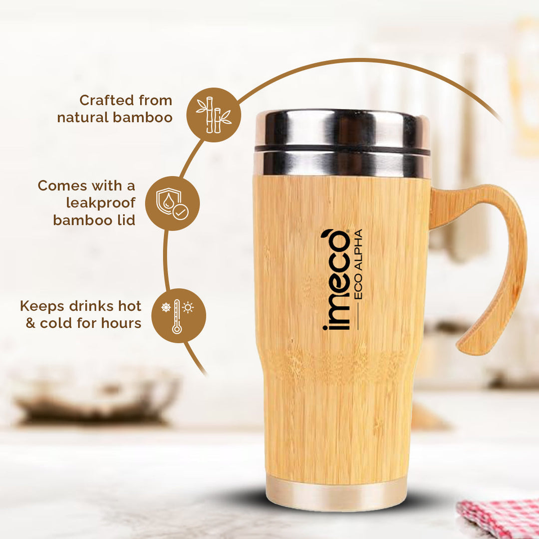 IMECO ECO-ALPHA Bamboo Coffee Mug 450 ml - Stainless Steel Travel Mug With Lid - BPA Free & Insulated
