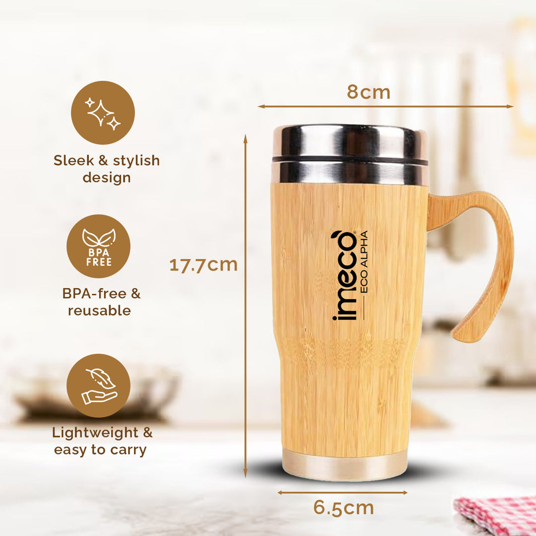 IMECO ECO-ALPHA Bamboo Coffee Mug 450 ml - Stainless Steel Travel Mug With Lid - BPA Free & Insulated