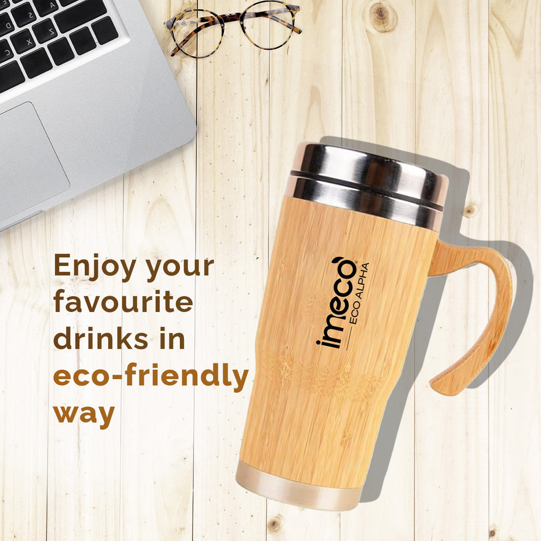 IMECO ECO-ALPHA Bamboo Coffee Mug 450 ml - Stainless Steel Travel Mug With Lid - BPA Free & Insulated