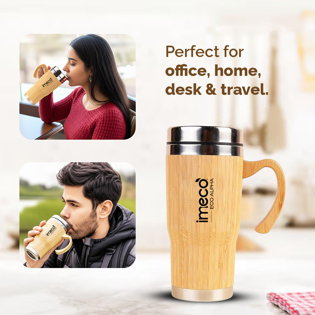 IMECO ECO-ALPHA Bamboo Coffee Mug 450 ml - Stainless Steel Travel Mug With Lid - BPA Free & Insulated
