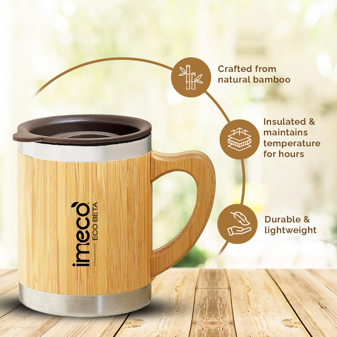 IMECO ECO-BETA Bamboo Coffee Mug 300 ml - Stainless Steel Travel Mug With Lid - BPA Free & Insulated