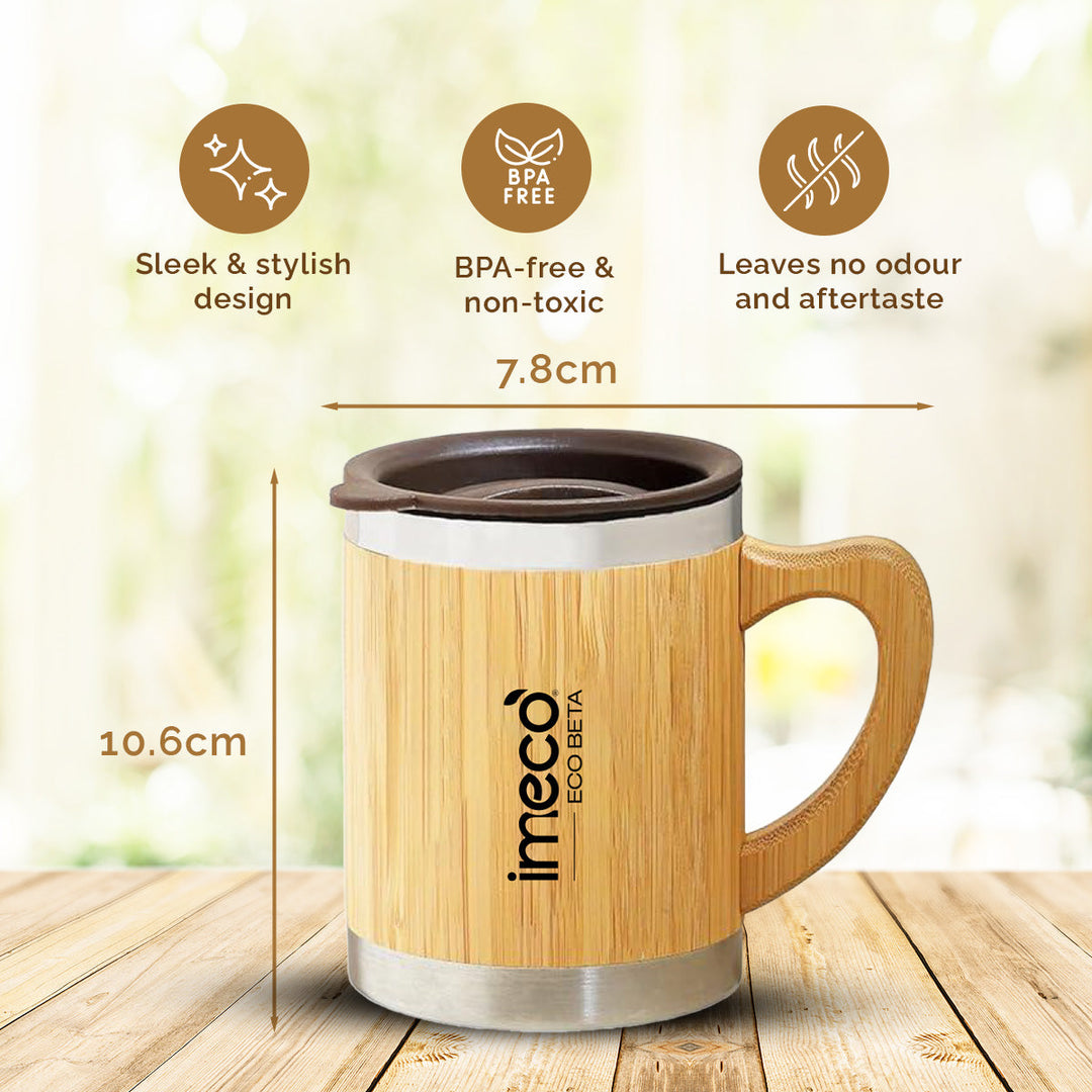 IMECO ECO-BETA Bamboo Coffee Mug 300 ml - Stainless Steel Travel Mug With Lid - BPA Free & Insulated