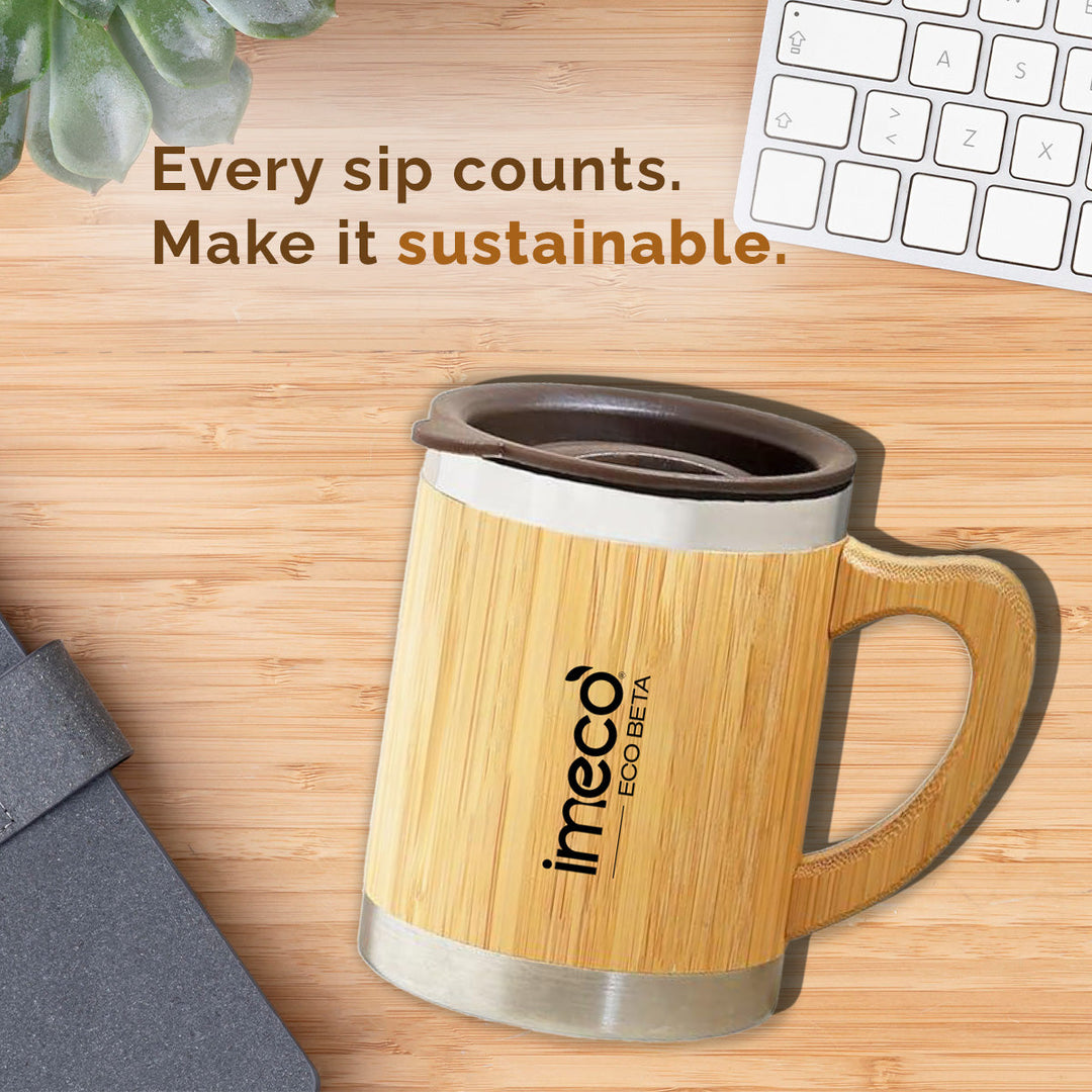 IMECO ECO-BETA Bamboo Coffee Mug 300 ml - Stainless Steel Travel Mug With Lid - BPA Free & Insulated