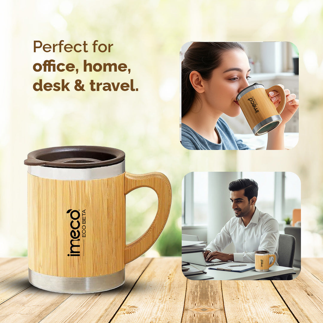 IMECO ECO-BETA Bamboo Coffee Mug 300 ml - Stainless Steel Travel Mug With Lid - BPA Free & Insulated
