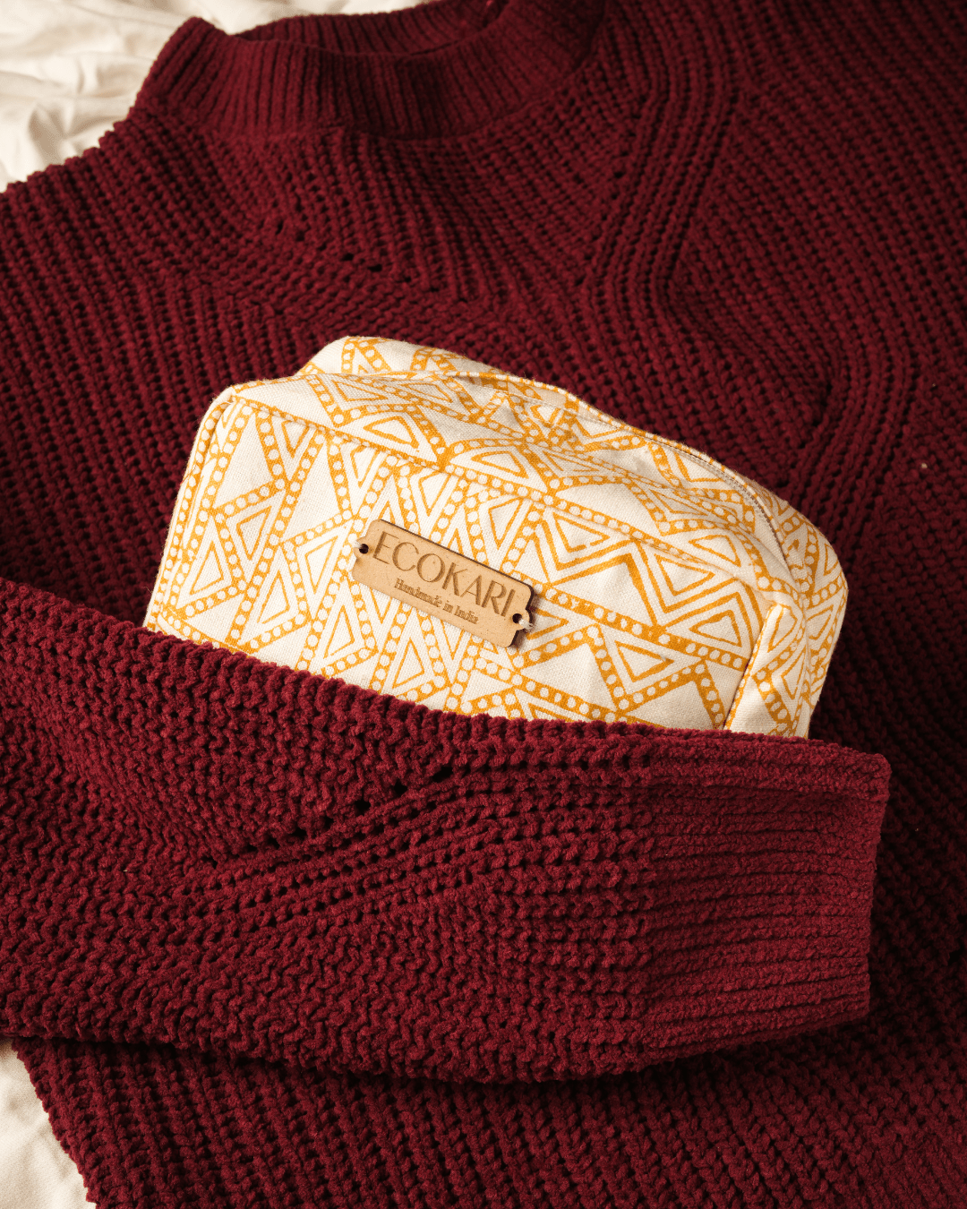 Ecokari Mustard Maze Hemp Travel Pouch | Block Printed Design - Suspire