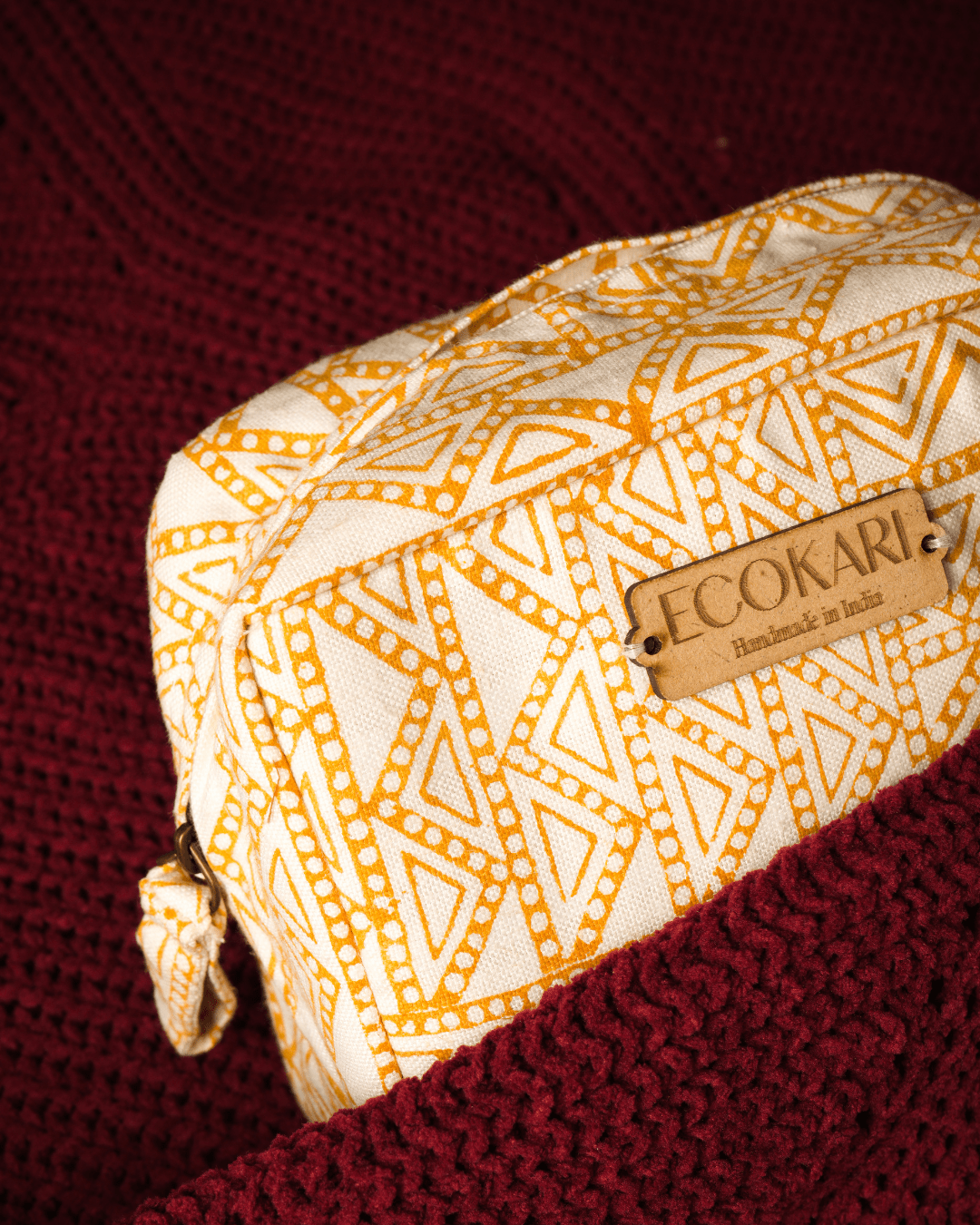 Ecokari Mustard Maze Hemp Travel Pouch | Block Printed Design - Suspire
