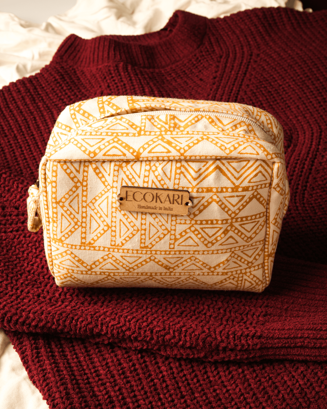 Ecokari Mustard Maze Hemp Travel Pouch | Block Printed Design - Suspire