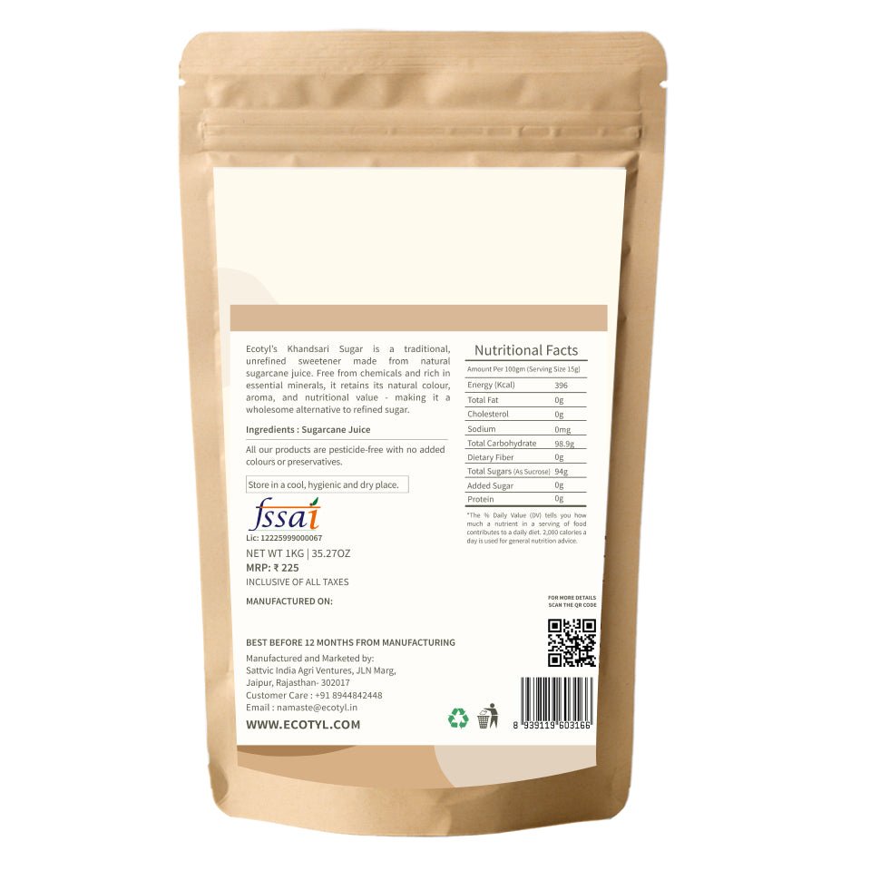 Ecotyl Khandsari Sugar | Unrefined Natural Sweetener | Rich in Minerals | 1kg - Suspire