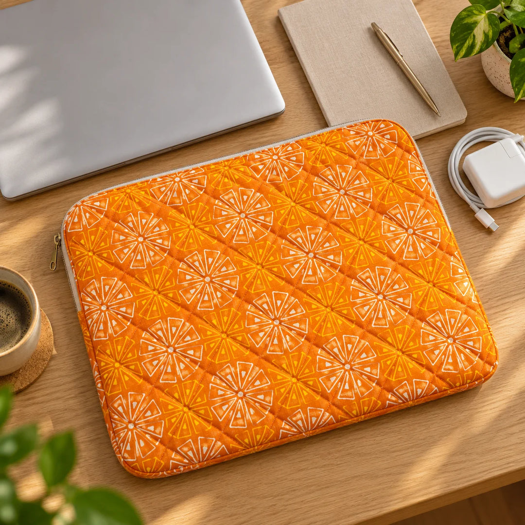 Pravaah Punh Quilted Cotton Laptop Sleeve with Zip Pocket, Assorted Prints