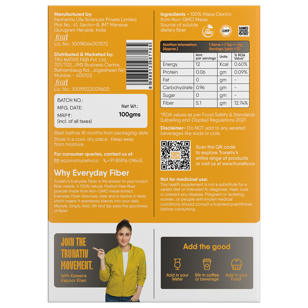 TruNativ Everyday Fiber | Enhance Your Digestive Health With Plant Based Fiber | Helps Control Weight & Blood Sugar Levels Naturally | Dissolves Clear