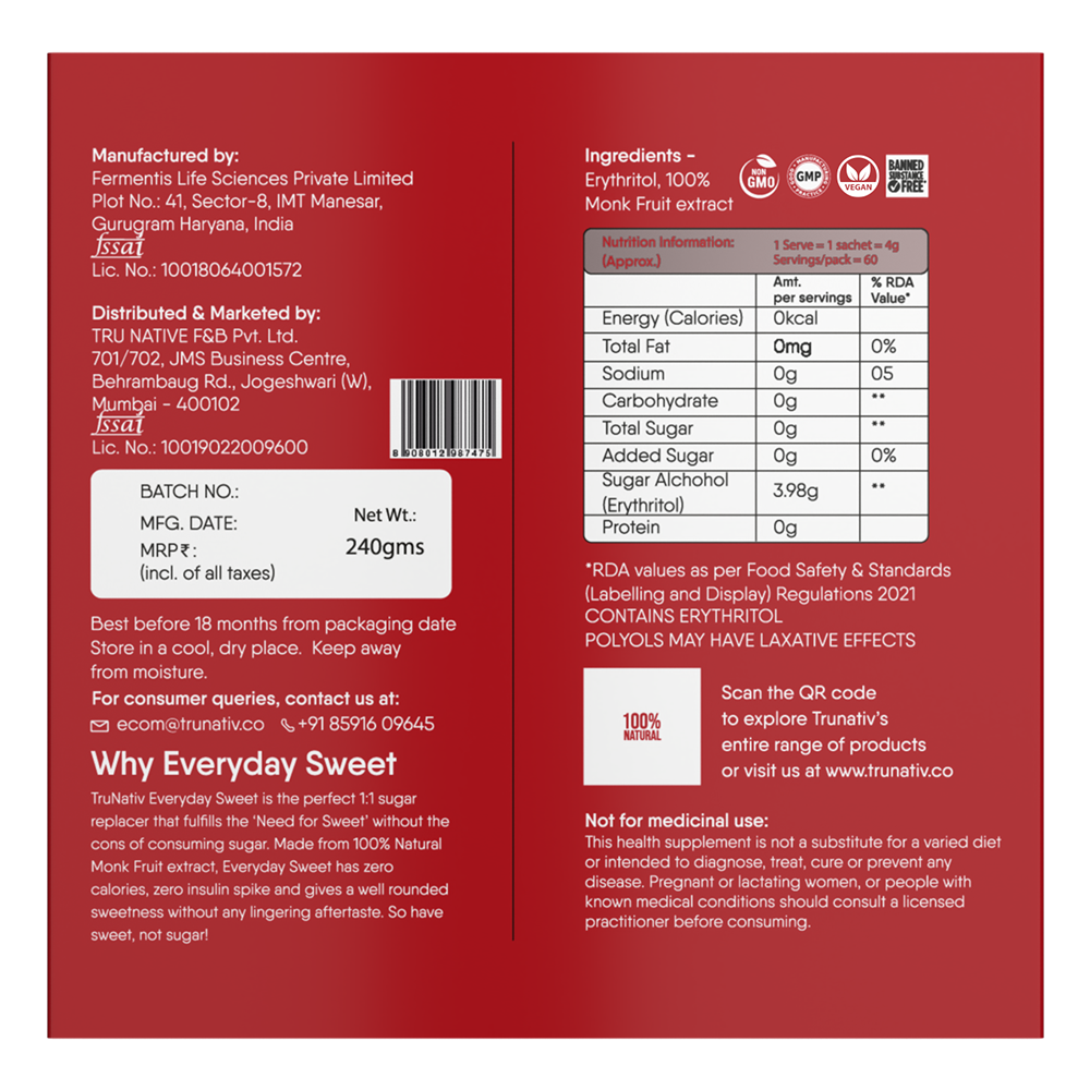 TruNativ Everyday Sweet| Natural 1:1 Sugar Replacer |60 Sachets| Monk Fruit Extract | Natural Sweetener | Zero Calories - Zero Carb - Diabetic Friendly - Keto Friendly | Cook Bake Blend - No Aftertaste (240g)