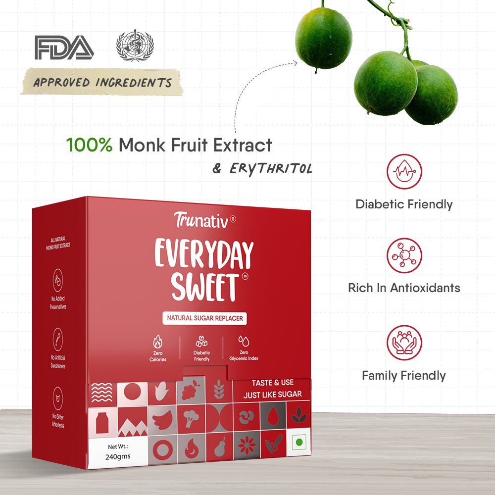 TruNativ Everyday Sweet| Natural 1:1 Sugar Replacer |60 Sachets| Monk Fruit Extract | Natural Sweetener | Zero Calories - Zero Carb - Diabetic Friendly - Keto Friendly | Cook Bake Blend - No Aftertaste (240g)