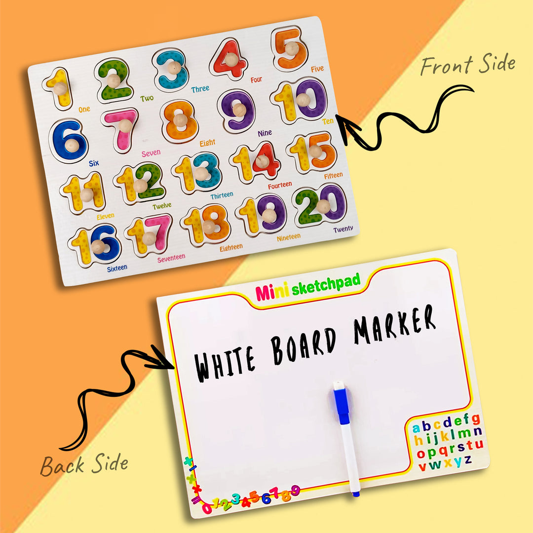 Wudly Toys Wooden Knob & Marker Puzzle Board | Alphabet, Numbers, Animals & Fruits