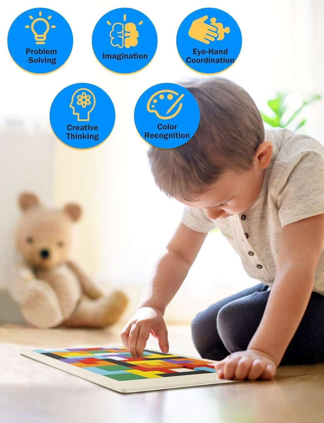 Wudly Toys Wooden Basic Russian Block Puzzle | Tetris Style, 10mm Blocks